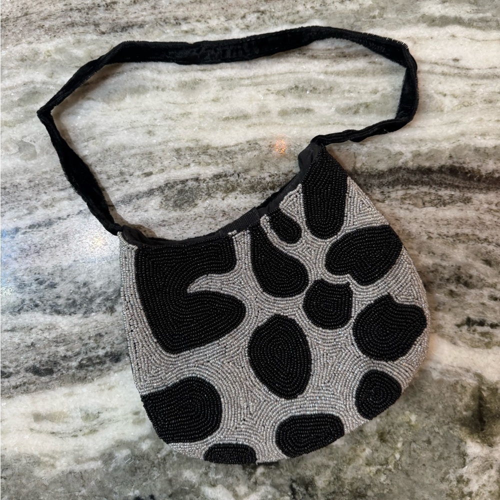 Vintage Black and Gray Beaded Shoulder Bag